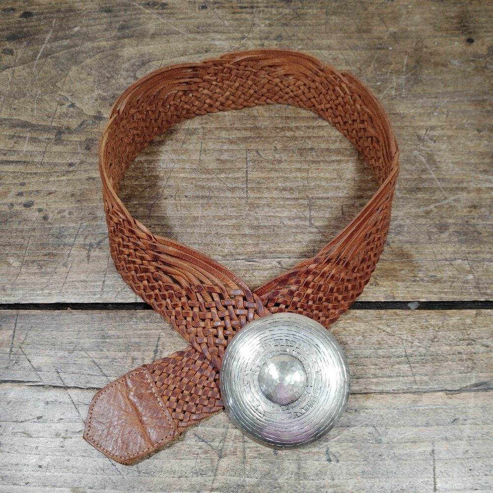 Chico's Tan Leather Womens Belt Silver Metal Ornate Buckle Large? L38" Weave